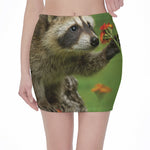 Raccoon And Flower Print Pencil Mini Skirt