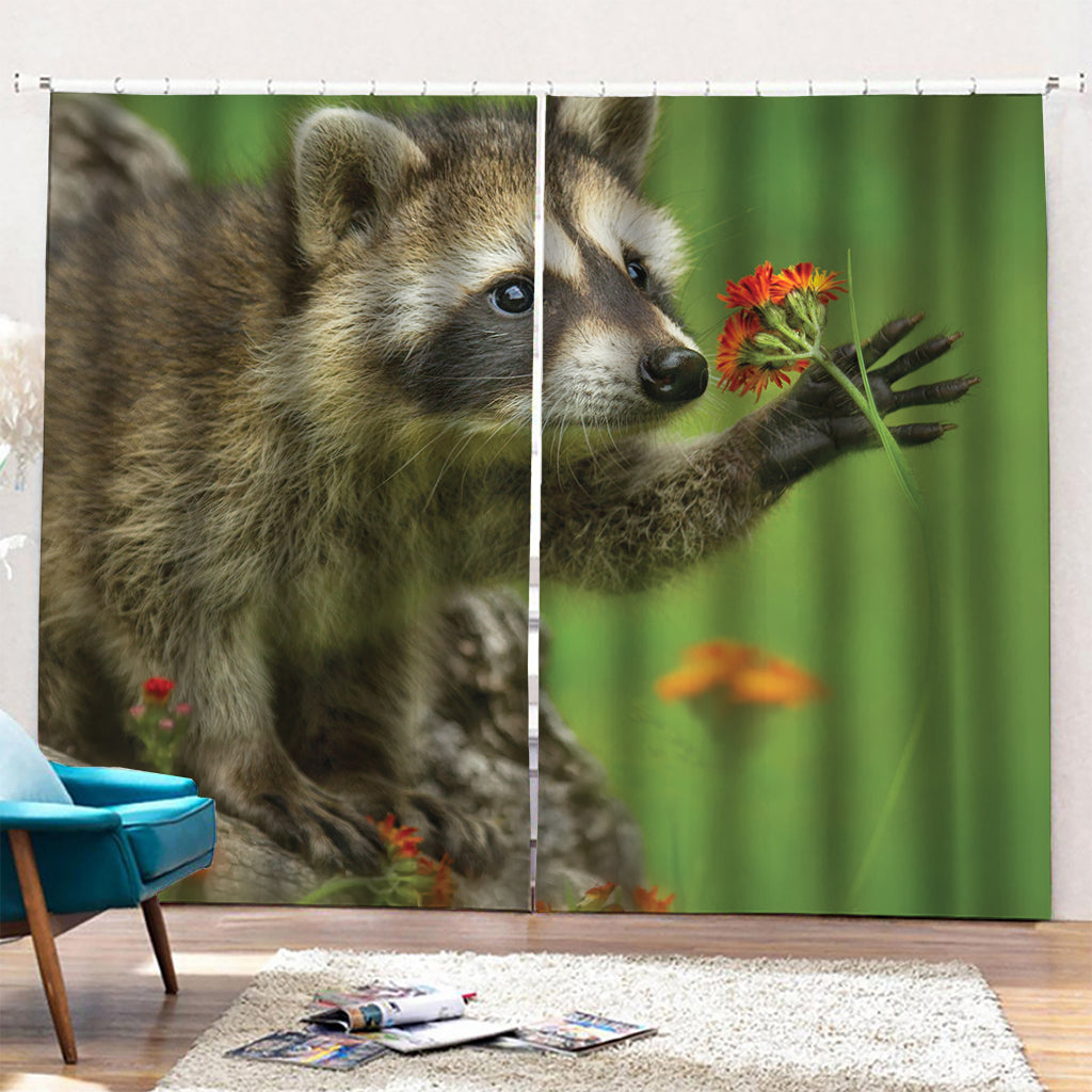 Raccoon And Flower Print Pencil Pleat Curtains