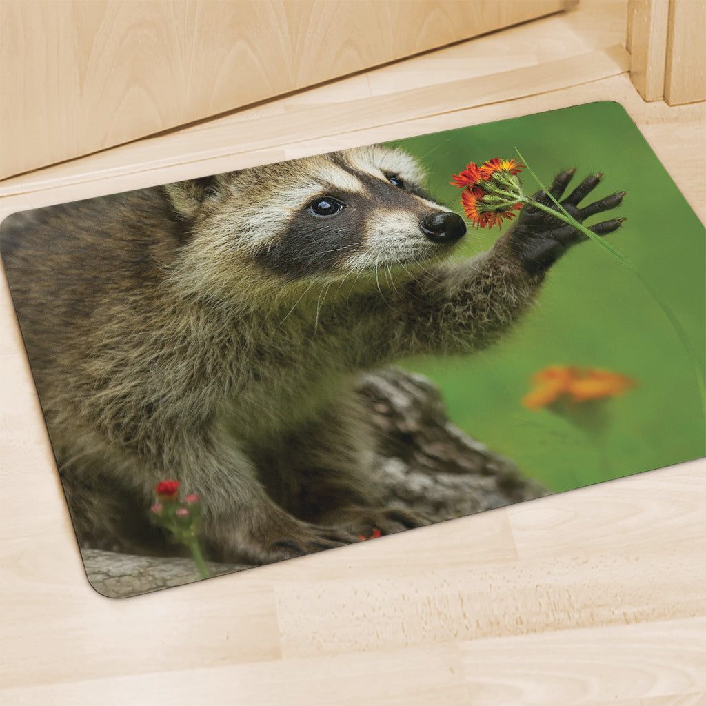 Raccoon And Flower Print Polyester Doormat