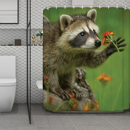 Raccoon And Flower Print Polyester Shower Curtain