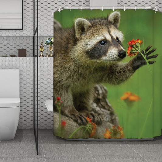 Raccoon And Flower Print Polyester Shower Curtain
