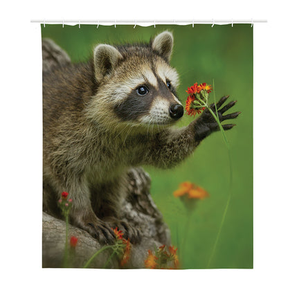 Raccoon And Flower Print Polyester Shower Curtain