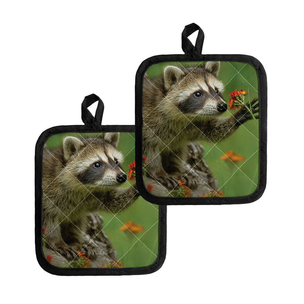 Raccoon And Flower Print Pot Holders