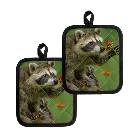 Raccoon And Flower Print Pot Holders