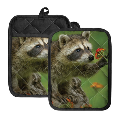 Raccoon And Flower Print Pot Holders With Pocket