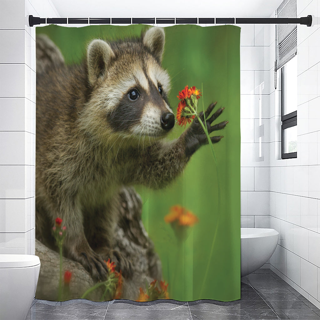 Raccoon And Flower Print Premium Shower Curtain