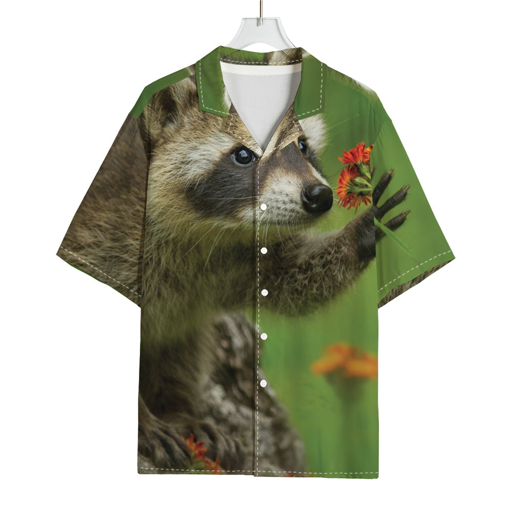 Raccoon And Flower Print Rayon Hawaiian Shirt