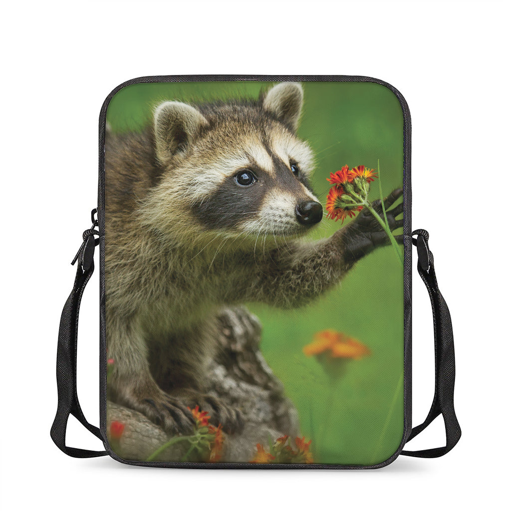 Raccoon And Flower Print Rectangular Crossbody Bag