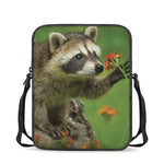 Raccoon And Flower Print Rectangular Crossbody Bag