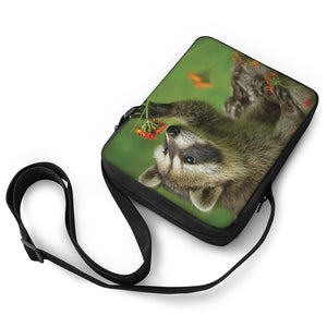 Raccoon And Flower Print Rectangular Crossbody Bag