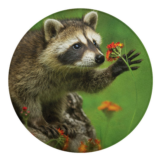 Raccoon And Flower Print Round Blanket
