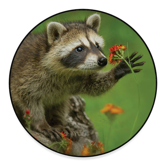 Raccoon And Flower Print Round Floor Mat