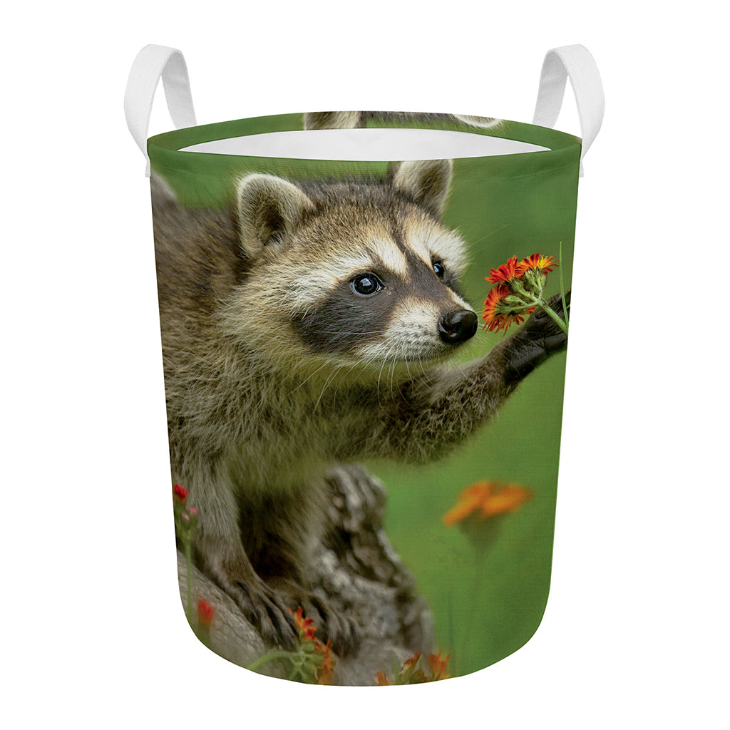 Raccoon And Flower Print Round Laundry Basket