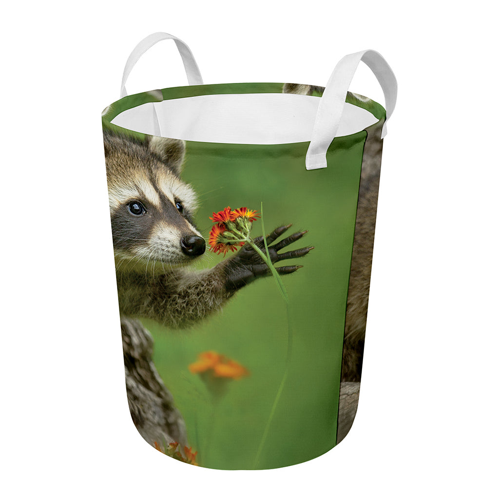 Raccoon And Flower Print Round Laundry Basket