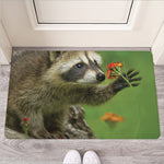 Raccoon And Flower Print Rubber Doormat