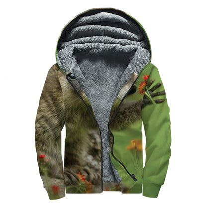 Raccoon And Flower Print Sherpa Lined Zip Up Hoodie
