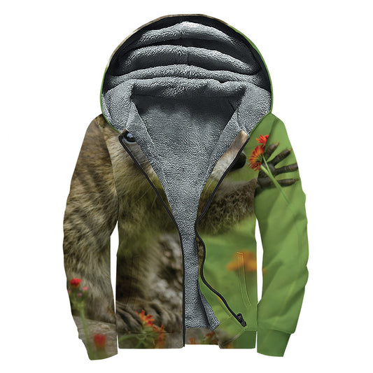 Raccoon And Flower Print Sherpa Lined Zip Up Hoodie