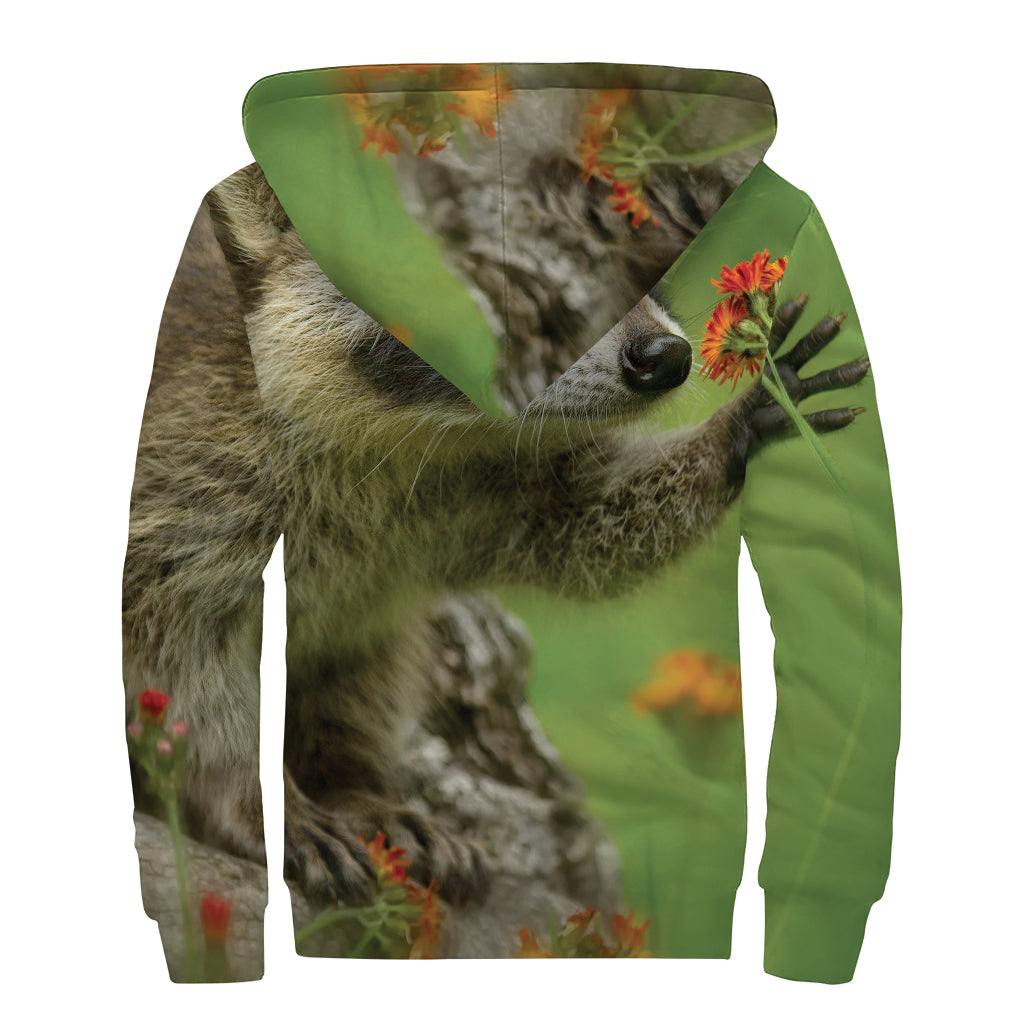 Raccoon And Flower Print Sherpa Lined Zip Up Hoodie