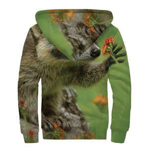 Raccoon And Flower Print Sherpa Lined Zip Up Hoodie