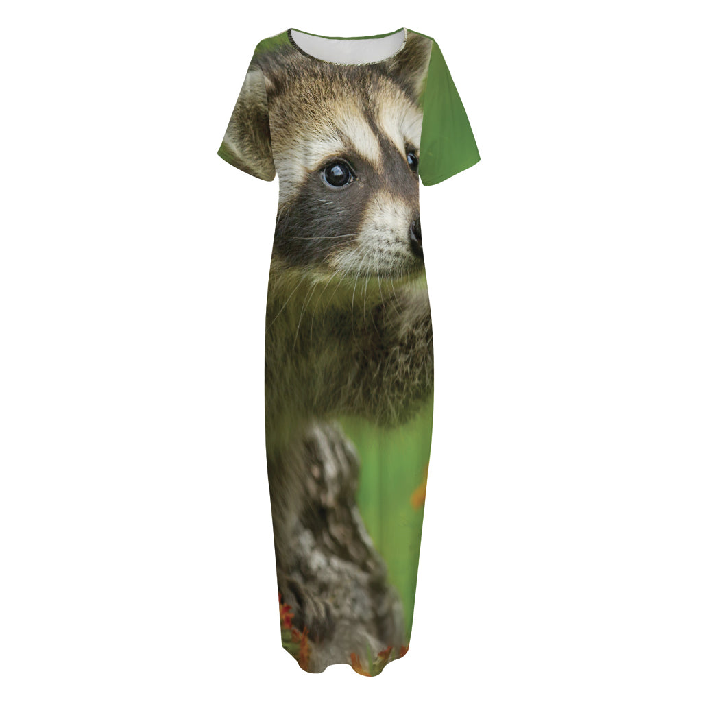 Raccoon And Flower Print Short Sleeve Long Nightdress