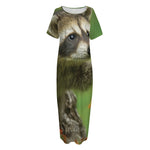 Raccoon And Flower Print Short Sleeve Long Nightdress