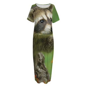 Raccoon And Flower Print Short Sleeve Long Nightdress