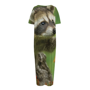 Raccoon And Flower Print Short Sleeve Long Nightdress