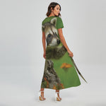 Raccoon And Flower Print Short Sleeve Maxi Dress