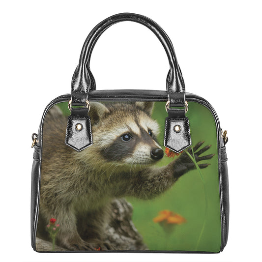 Raccoon And Flower Print Shoulder Handbag