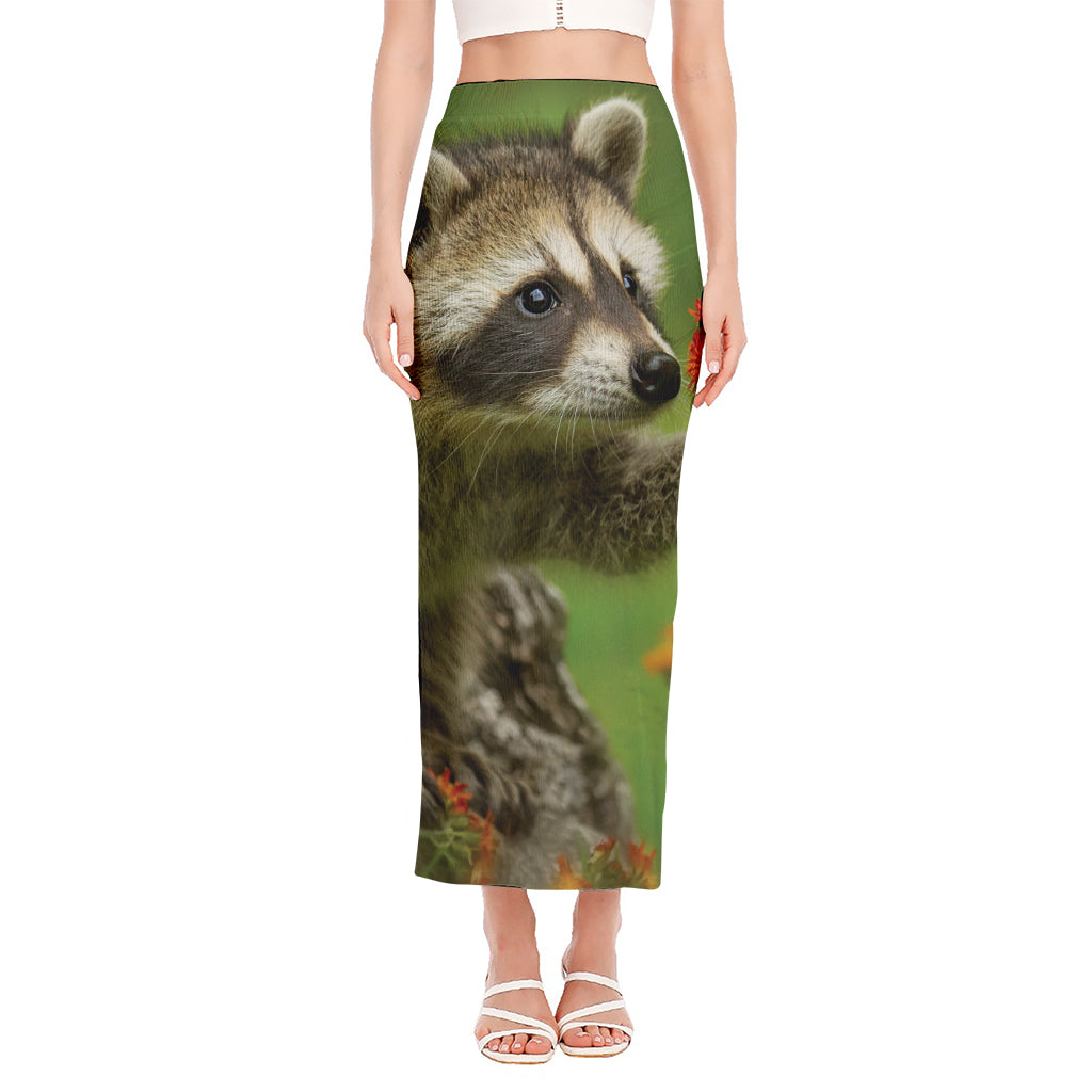 Raccoon And Flower Print Side Slit Maxi Skirt