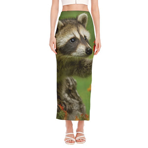 Raccoon And Flower Print Side Slit Maxi Skirt