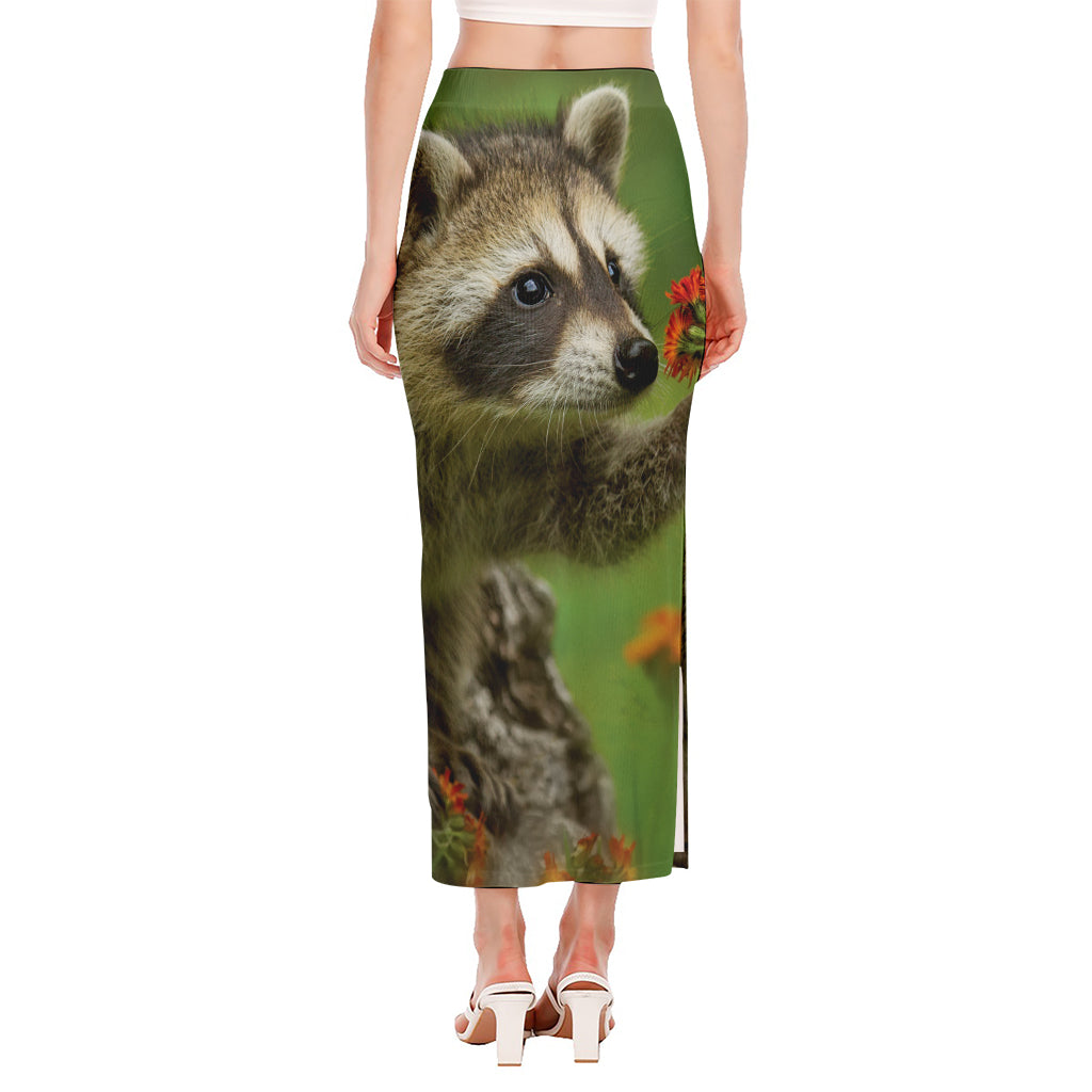 Raccoon And Flower Print Side Slit Maxi Skirt