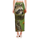 Raccoon And Flower Print Side Slit Maxi Skirt