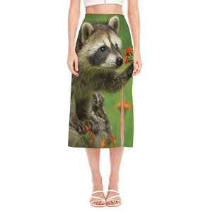 Raccoon And Flower Print Side Slit Midi Skirt