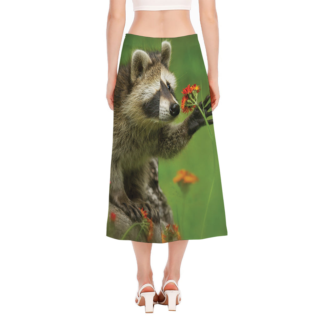 Raccoon And Flower Print Side Slit Midi Skirt