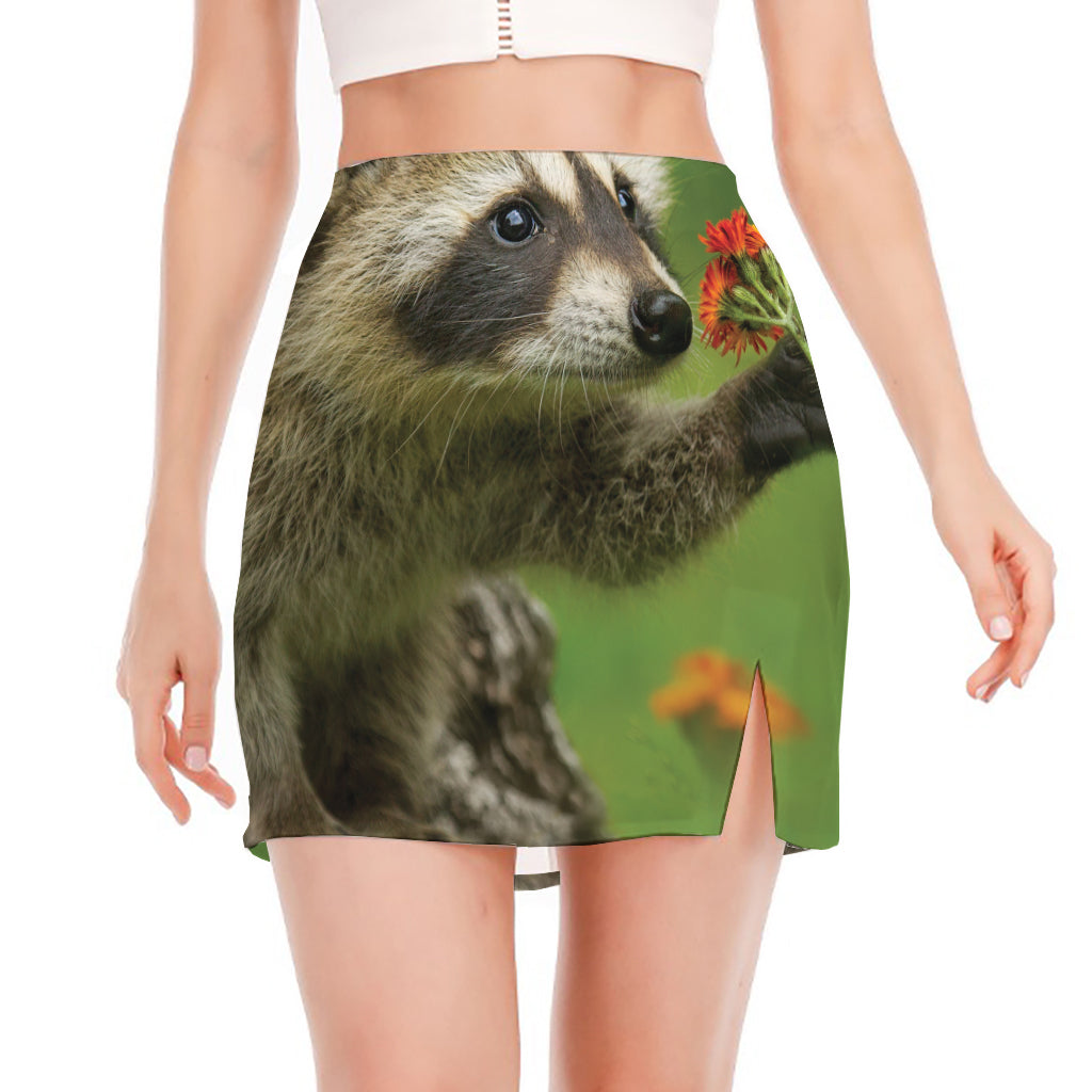 Raccoon And Flower Print Side Slit Mini Skirt