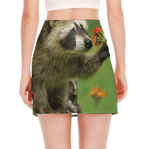 Raccoon And Flower Print Side Slit Mini Skirt