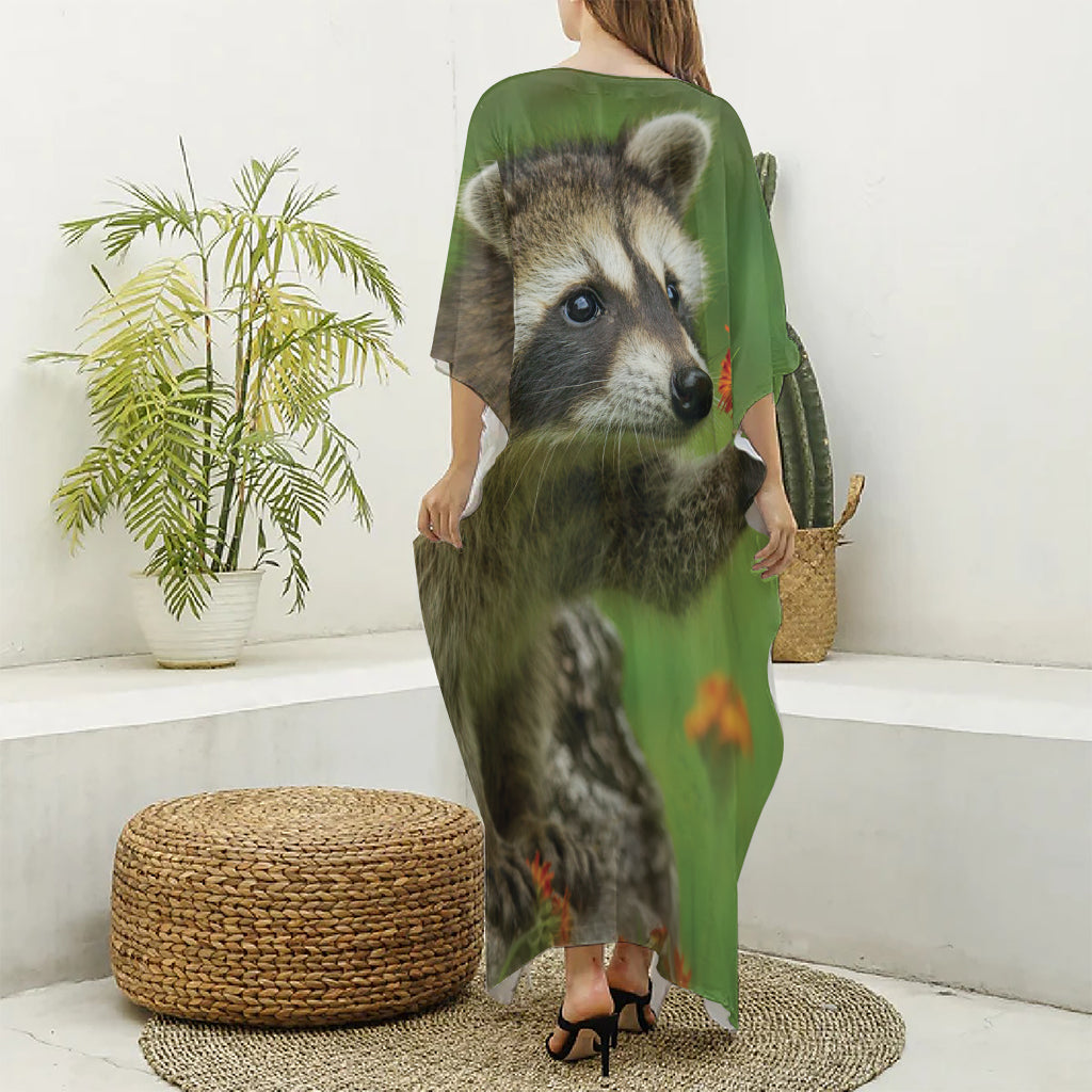 Raccoon And Flower Print Silk V-Neck Kaftan Dress