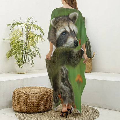 Raccoon And Flower Print Silk V-Neck Kaftan Dress