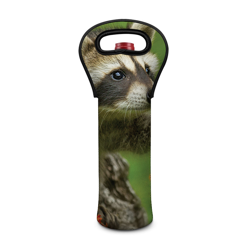Raccoon And Flower Print Single Neoprene Wine Tote
