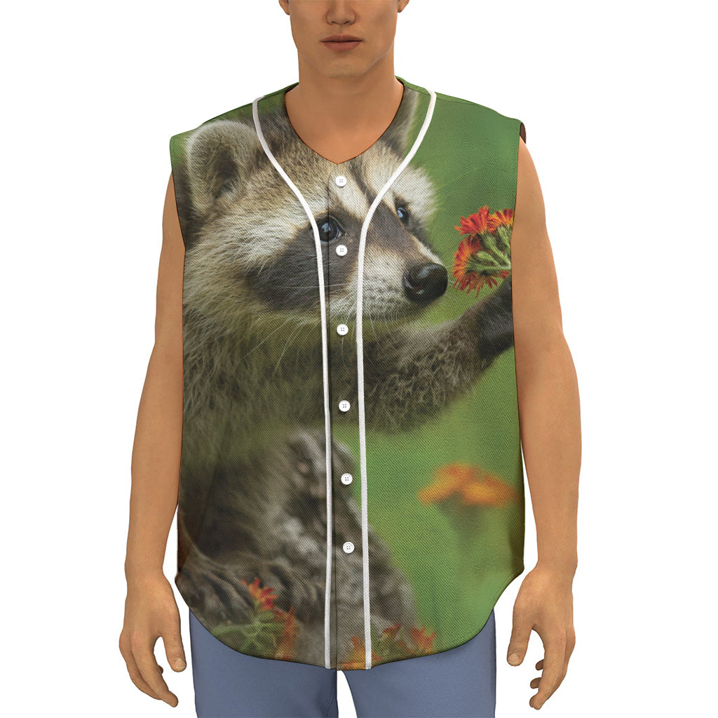 Raccoon And Flower Print Sleeveless Baseball Jersey
