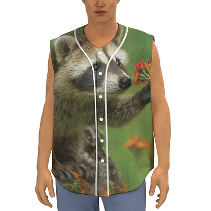 Raccoon And Flower Print Sleeveless Baseball Jersey