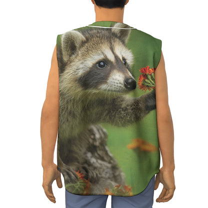 Raccoon And Flower Print Sleeveless Baseball Jersey