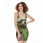 Raccoon And Flower Print Sleeveless Bodycon Dress