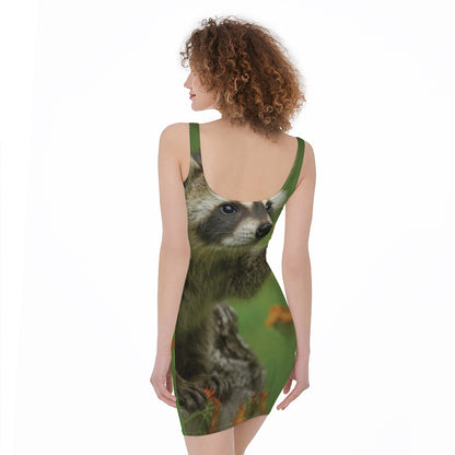 Raccoon And Flower Print Sleeveless Bodycon Dress