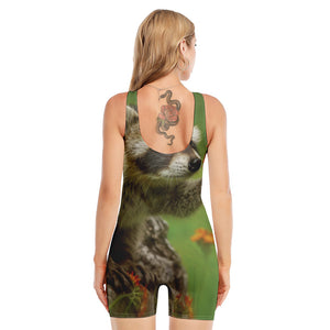 Raccoon And Flower Print Sleeveless One Piece Swimsuit