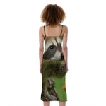 Raccoon And Flower Print Slim Fit Midi Cami Dress