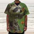 Raccoon And Flower Print Textured Short Sleeve Shirt
