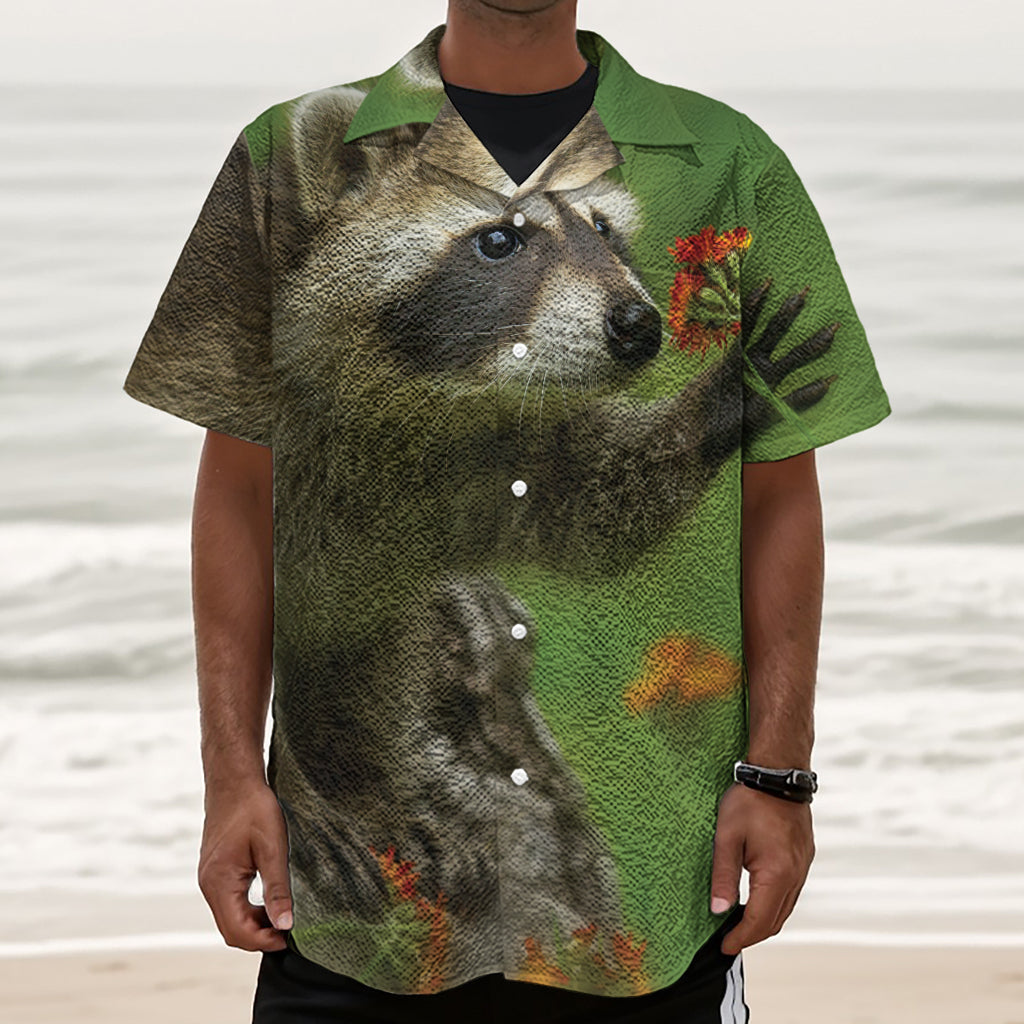 Raccoon And Flower Print Textured Short Sleeve Shirt