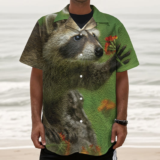 Raccoon And Flower Print Textured Short Sleeve Shirt